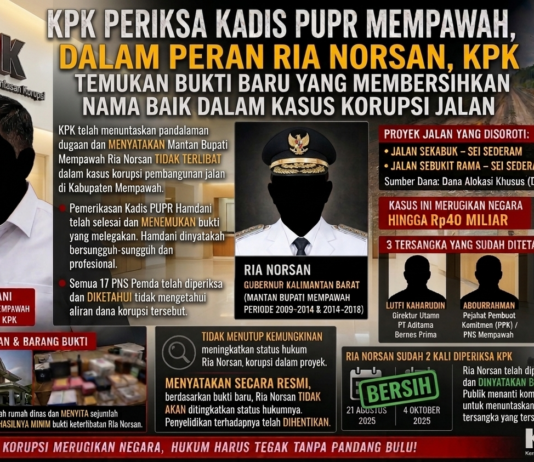 KPK PERIKSA KADIS PUPR MEMPAWAH, DALAMI PERAN RIA NORSAN DALAM KASUS KORUPSI JALAN