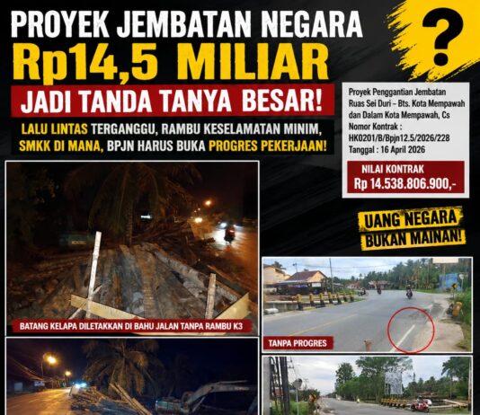 PROYEK JEMBATAN NEGARA Rp14,5 MILIAR JADI TANDA TANYA BESAR: LALU LINTAS TERGANGGU, RAMBU KESELAMATAN MINIM, SMKK DI MANA, BPJN HARUS BUKA PROGRES PEKERJAAN