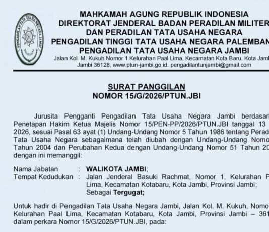 Wali Kota Jambi Jadi Tergugat, Sidang Perdana di PTUN 22 Juli 2026